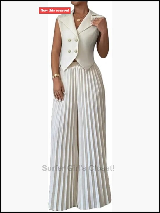 Pants - Women's 2-Piece Sleeveless Vest Jacket and Pleated Pants Club Outfit Set